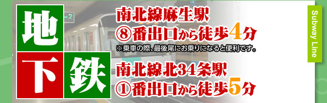 【地下鉄】南北線北３４条駅８番出口から徒歩４分、南北線麻生駅１０番出口から徒歩５分